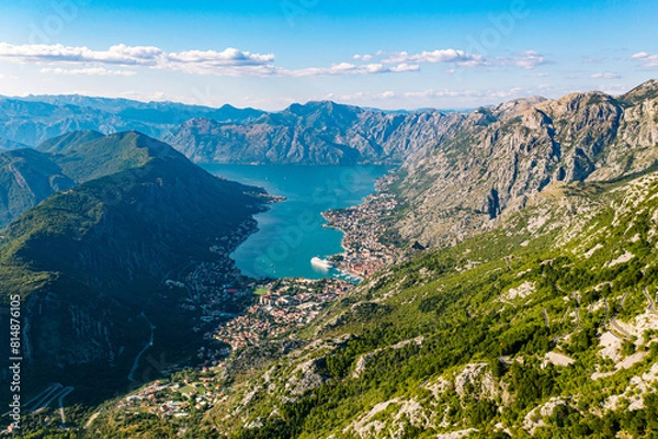 Obraz Spectacular View of Kotor Bay: Mountains, Cruise Ship, and Azure Waters