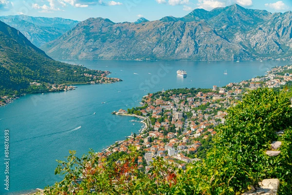Obraz Spectacular View of Kotor Bay: Mountains, Cruise Ship, and Azure Waters