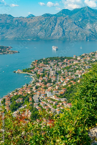 Obraz Spectacular View of Kotor Bay: Mountains, Cruise Ship, and Azure Waters