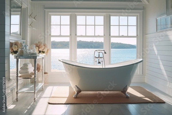 Fototapeta Luxurious Coastal Bathroom with Ocean View