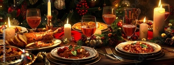 Fototapeta A table is set with a variety of food and drinks, including wine glasses