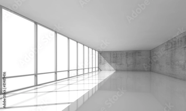 Fototapeta White open space interior with windows and gray walls, 3d