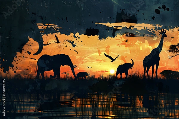 Fototapeta A captivating portrayal of animal silhouettes fragmented into abstract forms, evoking curiosity and artistic intrigue