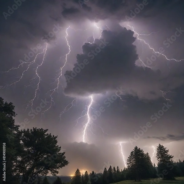 Fototapeta Multiple thunder and lightning strikes hit a forest