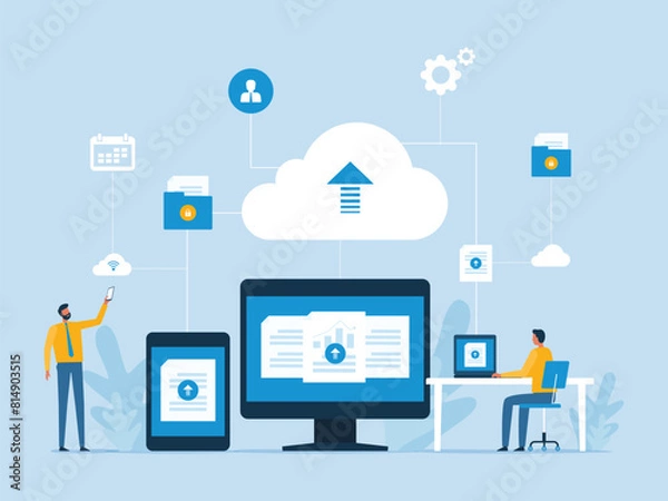 Obraz Business flat vector design technology cloud computing server service storage with administrator and developer team working with cloud connect concept

