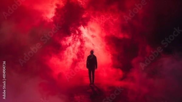 Fototapeta A man stands in a red smoke filled room. The smoke is thick and the room is dimly lit. The man is wearing a black jacket and he is alone. Scene is eerie and unsettling
