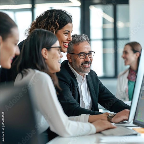 Fototapeta Business Team Engaged in Collaborative Project Review smiling working together