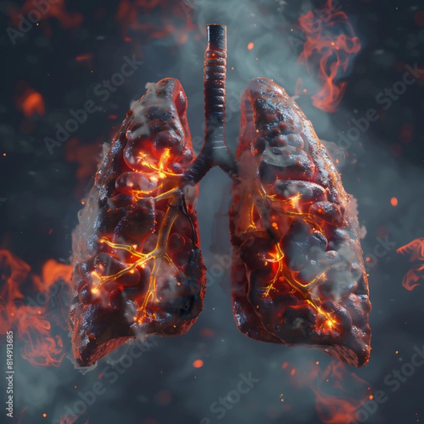 Fototapeta A lung made of trees filled with burning black coals, a sensation of breath and relief.