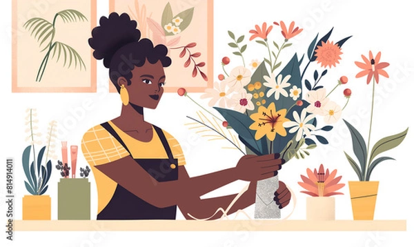 Fototapeta Florist African American woman making bouquet of flowers in flower shop. Vector illustration in flat style, AI generated