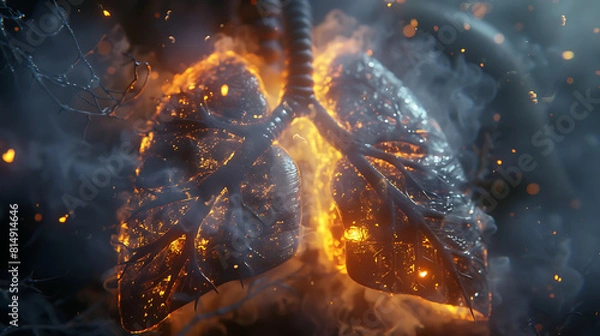 Fototapeta A lung made of trees filled with burning black coals, a sensation of breath and relief.