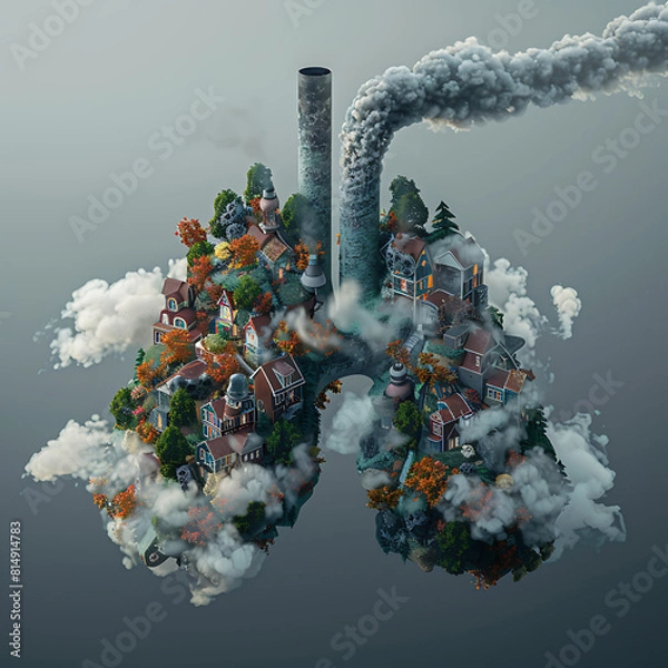 Fototapeta A city skyline with a large lung-like structure in the middle. 