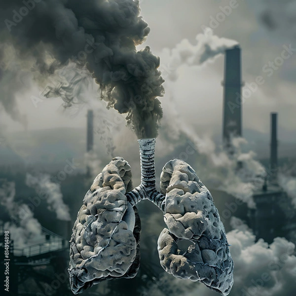 Fototapeta A city skyline with a large lung-like structure in the middle. 