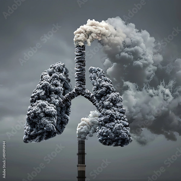 Fototapeta A city skyline with a large lung-like structure in the middle. 