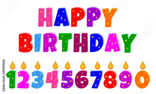 Fototapeta 
Set of colored burning candles for a birthday cake. Happy Birthday 3D inscription with gold decor. Template for a greeting card.