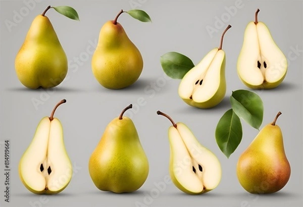 Fototapeta "Pear fruit isolated on transparent background, featuring various angles, views, sides, tops, fronts, groups, slices, halves, and cuts."
