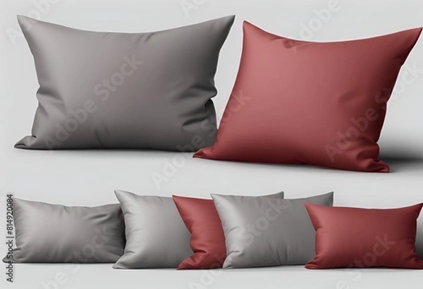 Fototapeta Collection set of red, maroon, grey, and gray blank cushion pillow covers, featuring front and side lying views on transparent cutout