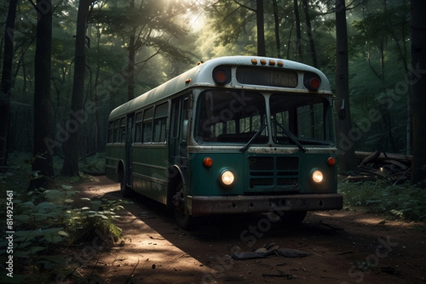 Fototapeta A broken down bus lies abandoned in the middle of a deep scary forest