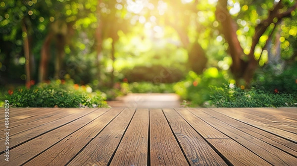 Fototapeta Empty wood floor in front , garden background,