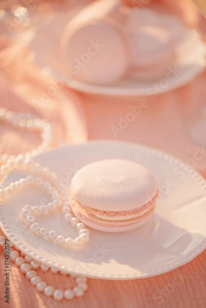 Fototapeta Macarons peach fuzz shade and natural pearls on a saucer.