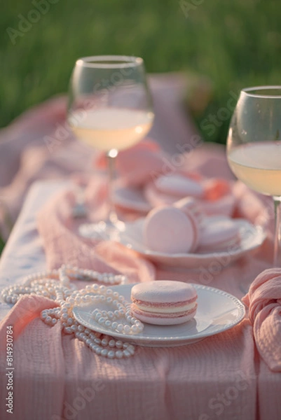 Fototapeta Macarons and wine. Serving in soft pink color.