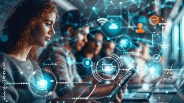 Fototapeta People using smart devices to connect to a secured internet network, integrating IoT and cloud computing for seamless communication technology.