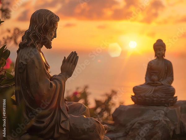 Fototapeta Create a contemplative and serene scene at sunset featuring Jesus and Buddha statues in a peaceful dialogue