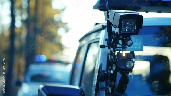 Fototapeta Mobile CCTV camera mounted on a vehicle, capturing live footage during law enforcement operations or event security