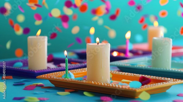 Obraz A dynamic birthday atmosphere with multicolored confetti on a bright blue backdrop, candles set on vibrant decorative trays .