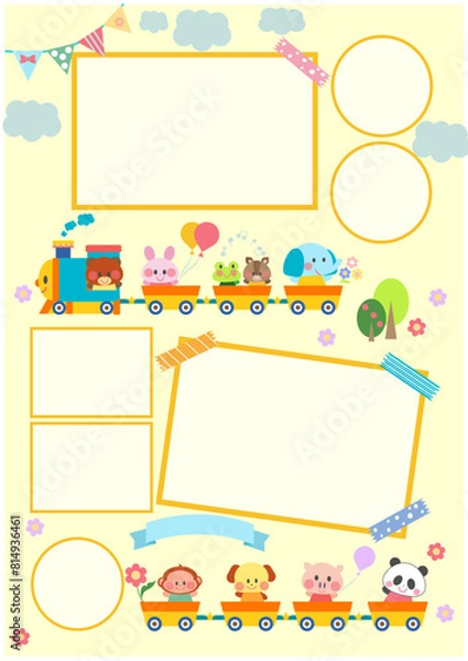 Obraz 保育園、幼稚園、小学校_写真テンプレート素材_動物と汽車のイラスト　マスキングテープ