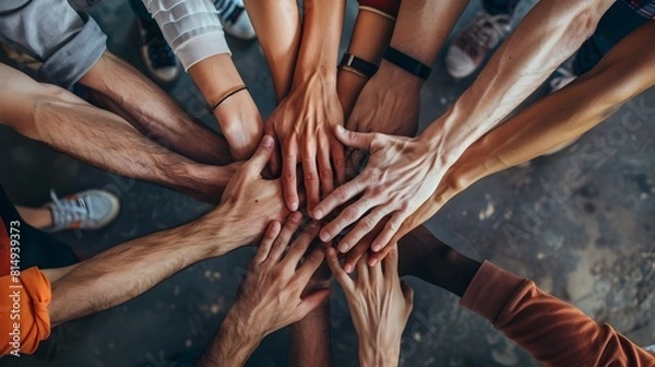Fototapeta Diverse team members' hands coming together in a collaborative brainstorming session,showcasing