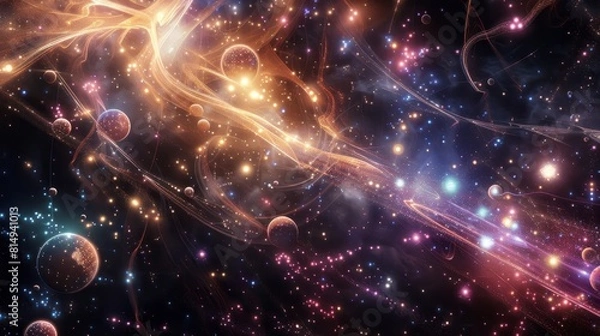 Fototapeta Celestial tapestry backdrop shimmering stardust luminous orbs backdrop