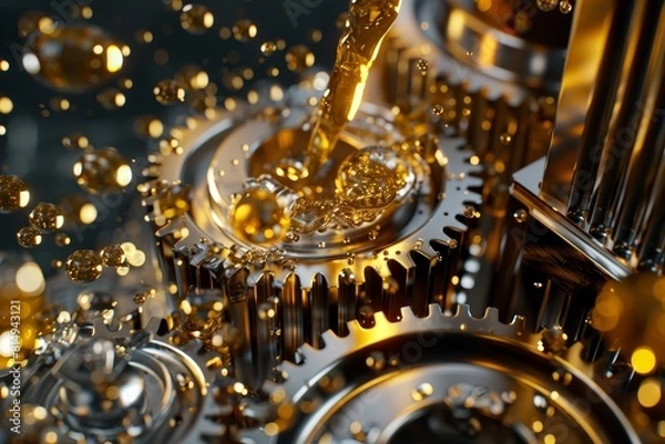 Fototapeta Metal gears with dynamic oil splashes