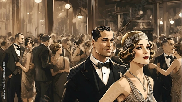 Fototapeta A couple stands out in a crowded, opulent 1920s party, capturing historical luxury and romance