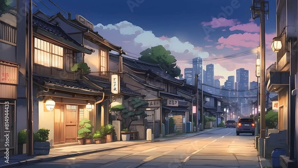 Obraz A serene anime depiction of a traditional street with soft lighting and a modern city background giving a feel of peaceful coexistence of old and new