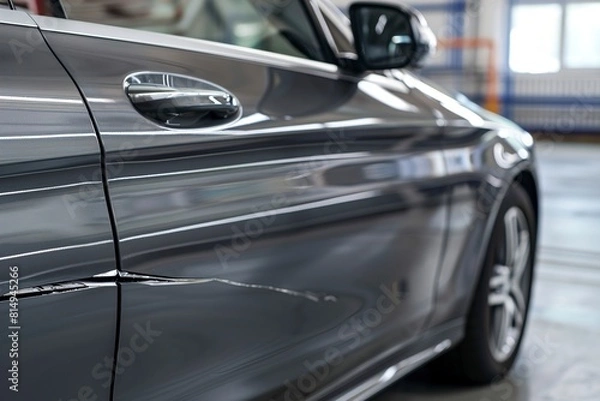 Fototapeta Modern gray car with scratch closeup view