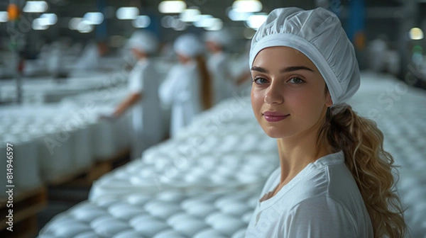 Fototapeta Industrial setting showcases rows of white mattresses, workers attending to production tasks. Crafting quality sleep essentials.