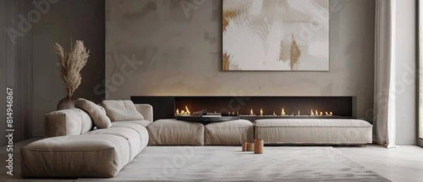 Fototapeta Modern minimalist living room with a sleek, wall-mounted fireplace, neutral tones, and clean lines, featuring a low-profile sofa and abstract art,
