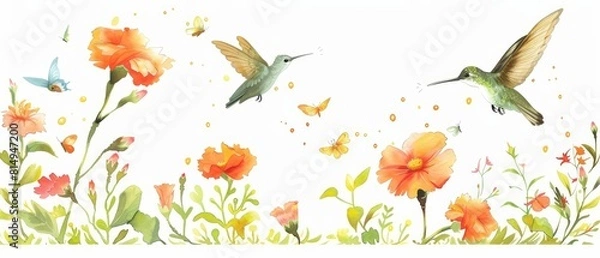 Fototapeta A kawaii watercolor of hummingbirds and butterflies partaking in a playful race around a vibrant marigold