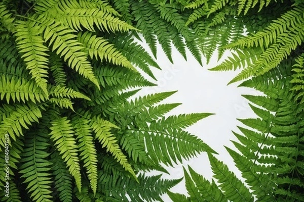Fototapeta Tropical summer background, fern leaves set in the frame around blank space for a text, flat lay, view from above, stylized photo