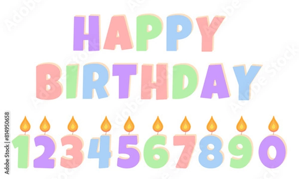 Fototapeta Set of colored burning candles for a birthday cake. Text happy birthday 3D. Inscription, element for a greeting card in pastel colors.