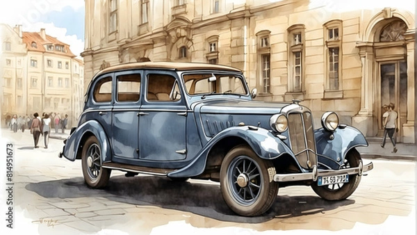 Fototapeta An illustrated image of an old-fashioned car parked on a cobblestone street with buildings and pedestrians in the background