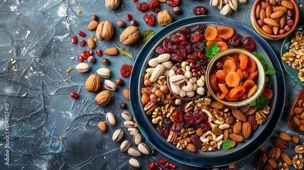 Obraz Raw snacks platter, nuts and dried fruits, cozy afternoon light, overhead shot