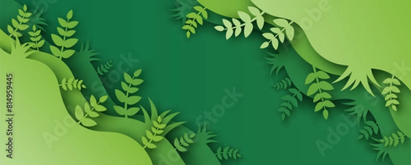 Obraz Paper layer cut of green leaf and forest. Nature background. paper cut and craft style. vector,illustration.