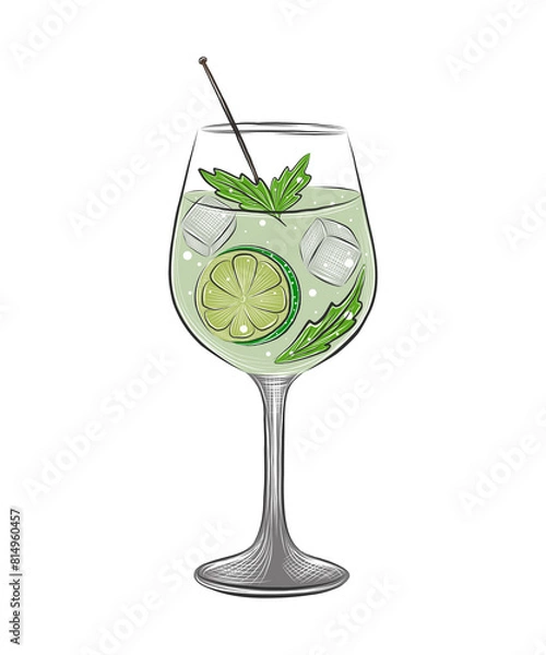 Obraz PNG engraved style Hugo alcoholic cocktail with ice cubes, splashes illustration for posters, decoration, menu and logo. Hand drawn sketch of drink, beverage 