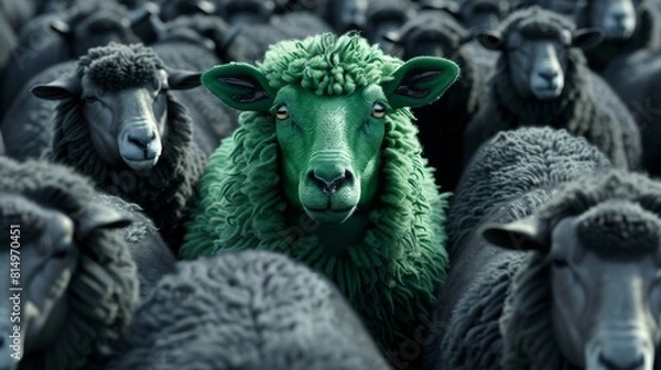 Fototapeta Green sheep standing out from the crowd