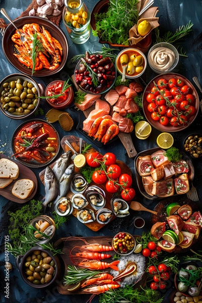 Fototapeta Dishes are arranged on large table, offering mix of colors and textures. Green salads, roasted meats, and sides potatoes and vegetables.