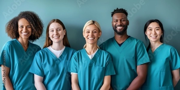 Fototapeta Diverse group of healthcare professionals in medical scrubs smiling confidently at the camera