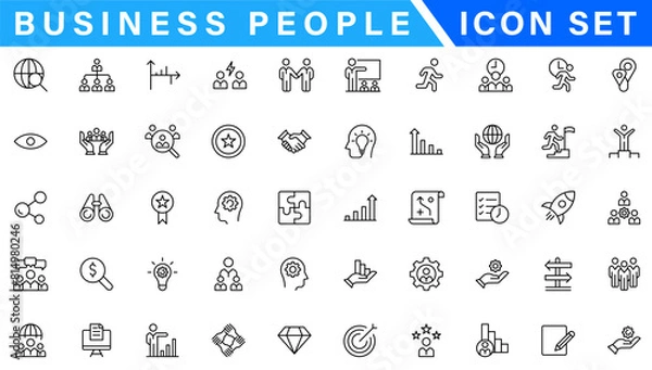 Fototapeta Business people line icons set. Businessman outline icons collection. Teamwork, human resources, meeting, partnership, meeting, work group, success, resume - stock vecto