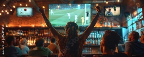 Fototapeta A group of enthusiastic fans cheer on their team as they watch a match on TV in a vibrant sports bar