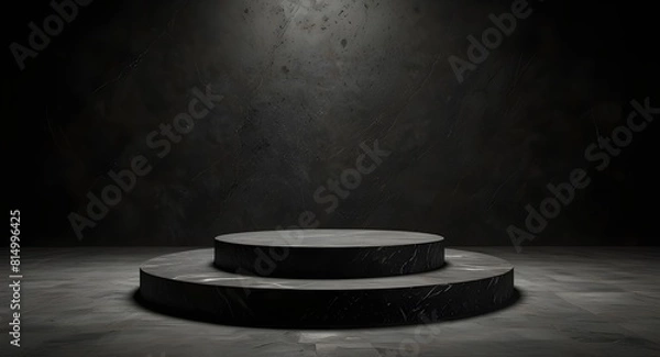 Fototapeta Black podium stone background rock product display 3d dark stand platform abstract stage scene studio. Stone wall black space podium mockup pedestal geometric marble showcase minimal presentation
